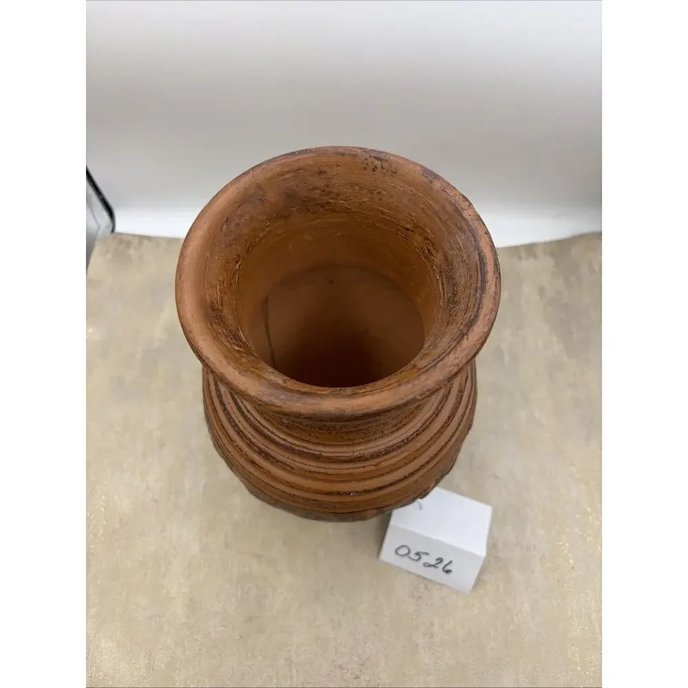 Vintage Hand Thrown Clay Vase With Wave Patterns And Rustic Brown Finish